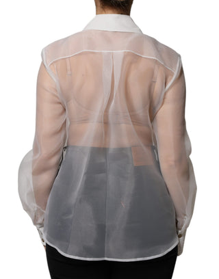 Blusa blanca transparente con cuello, botones y mangas largas