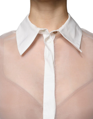 Blusa blanca transparente con cuello, botones y mangas largas