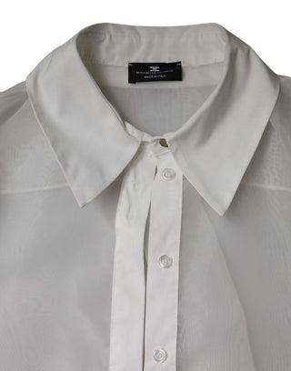Blusa blanca transparente con cuello, botones y mangas largas