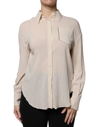 Blusa beige de mezcla de seda con cuello y botones