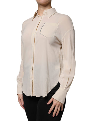 Blusa beige de mezcla de seda con cuello y botones