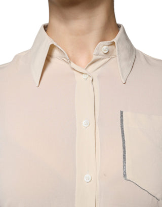 Blusa beige de mezcla de seda con cuello y botones