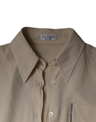 Blusa beige de mezcla de seda con cuello y botones