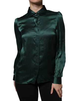 Blusa verde oscuro de seda con botones y mangas largas