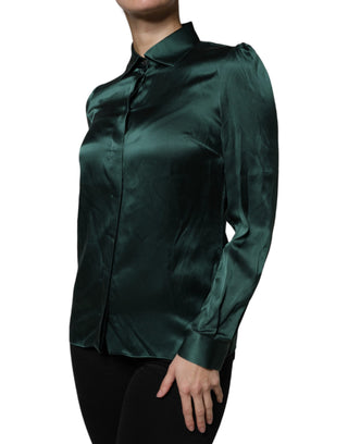 Blusa verde oscuro de seda con botones y mangas largas