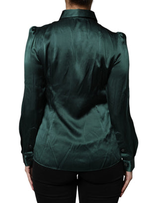 Blusa verde oscuro de seda con botones y mangas largas