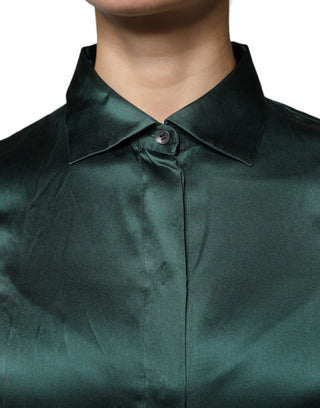 Blusa verde oscuro de seda con botones y mangas largas