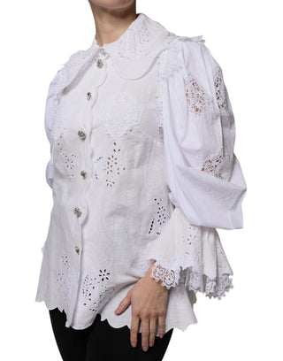 White Cotton Lace Trim Collared Blouse Top