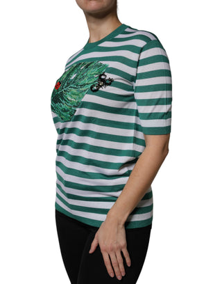 Camiseta de cuello redondo blanca con rayas verdes y hojas