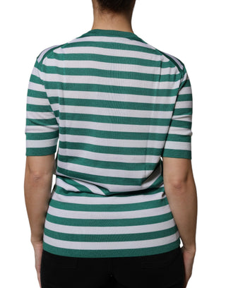 Camiseta de cuello redondo blanca con rayas verdes y hojas