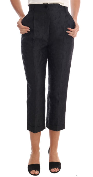 Schwarze florale Brokat-Caprihose