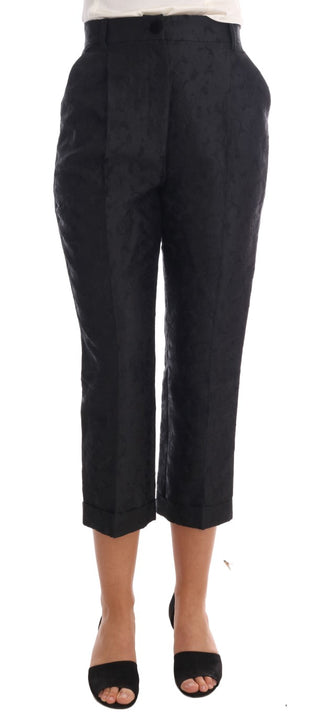Schwarze florale Brokat-Caprihose