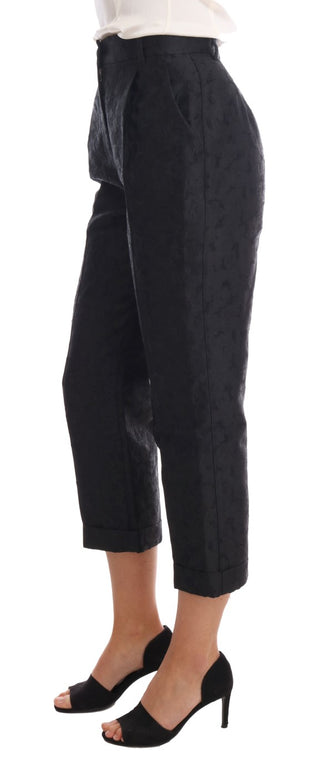 Schwarze florale Brokat-Caprihose