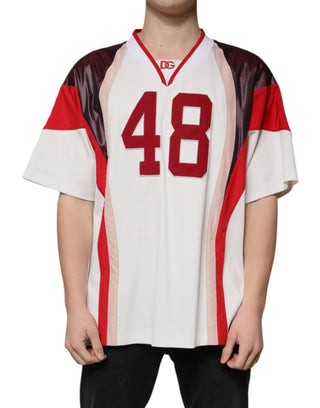 Camiseta de algodón multicolor con logo y cuello en V tipo jersey