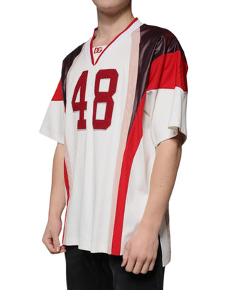 Camiseta de algodón multicolor con logo y cuello en V tipo jersey