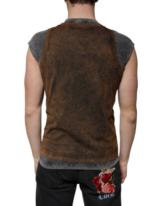 Braunes ärmelloses T-Shirt mit Rundhalsausschnitt aus Baumwolle