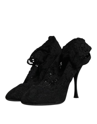 Botas hasta media pantorrilla con tacones de encaje elástico negro