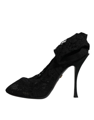 Botas hasta media pantorrilla con tacones de encaje elástico negro