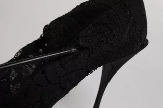 Black Lace Stretch Heels Mid Calf Boots Shoes