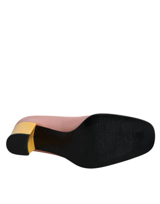 Zapatos de tacón grueso de cuero rosa y amarillo