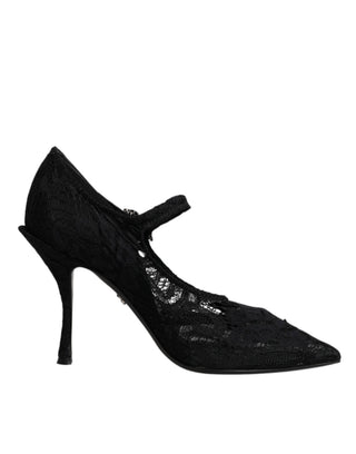 Schwarze Mary-Jane-Pumps aus Spitze mit Kristallen