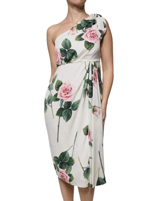 Weißes florales Seiden-Midi-Kleid mit einer Schulter