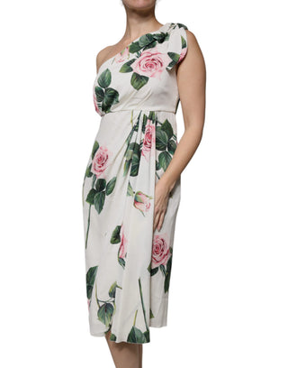 Weißes florales Seiden-Midi-Kleid mit einer Schulter