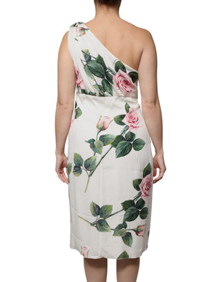 Weißes florales Seiden-Midi-Kleid mit einer Schulter