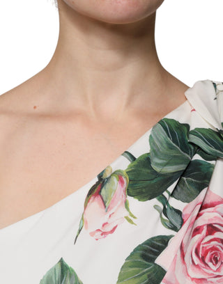 Weißes florales Seiden-Midi-Kleid mit einer Schulter