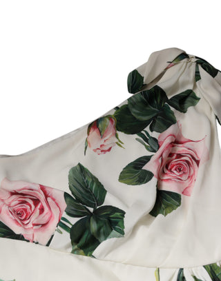Weißes florales Seiden-Midi-Kleid mit einer Schulter