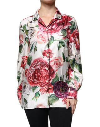 Blusa blanca de seda con peonía, mangas largas y cuello