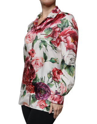 Blusa blanca de seda con peonía, mangas largas y cuello