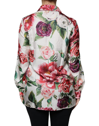 Blusa blanca de seda con peonía, mangas largas y cuello