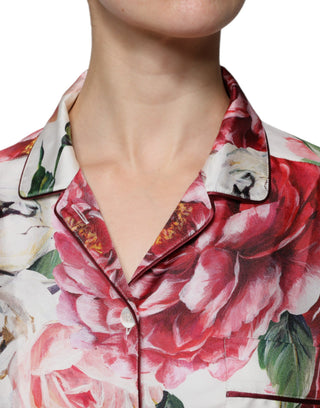 Blusa blanca de seda con peonía, mangas largas y cuello