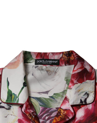 Blusa blanca de seda con peonía, mangas largas y cuello