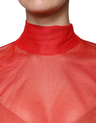 Rotes Netz-Rollkragen-Langarm-Blusenoberteil