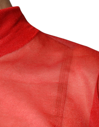 Rotes Netz-Rollkragen-Langarm-Blusenoberteil
