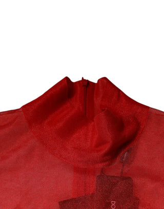 Rotes Netz-Rollkragen-Langarm-Blusenoberteil