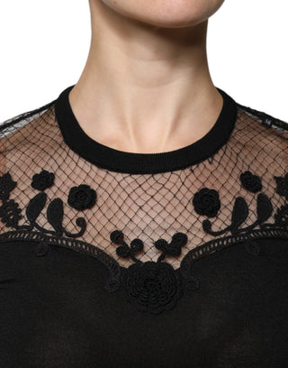 Black Floral Lace Short Sleeves Blouse Top