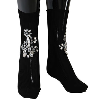 Schwarze Strick-Socken mit floralen Klarkristallen