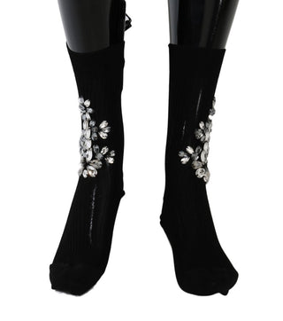 Schwarze Strick-Socken mit floralen Klarkristallen