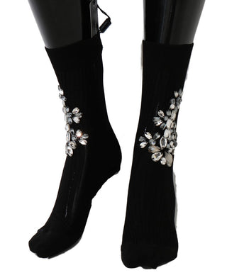 Schwarze Strick-Socken mit floralen Klarkristallen
