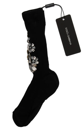 Schwarze Strick-Socken mit floralen Klarkristallen