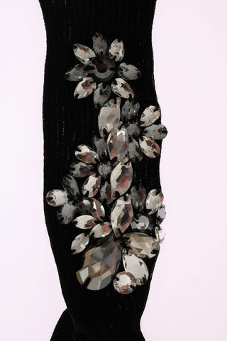 Schwarze Strick-Socken mit floralen Klarkristallen