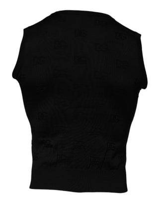 Schwarzes, ärmelloses T-Shirt mit Rundhalsausschnitt aus Seide