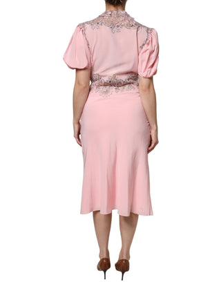 Pinkes geblümtes Spitzen-Midi-Kleid mit kurzen Ärmeln und V-Ausschnitt