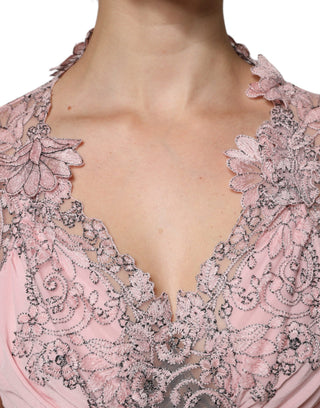 Pinkes geblümtes Spitzen-Midi-Kleid mit kurzen Ärmeln und V-Ausschnitt