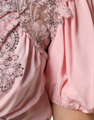 Pinkes geblümtes Spitzen-Midi-Kleid mit kurzen Ärmeln und V-Ausschnitt