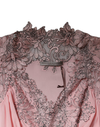 Pinkes geblümtes Spitzen-Midi-Kleid mit kurzen Ärmeln und V-Ausschnitt