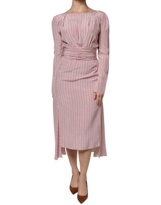 Vestido midi rosa de seda con rayas y mangas largas